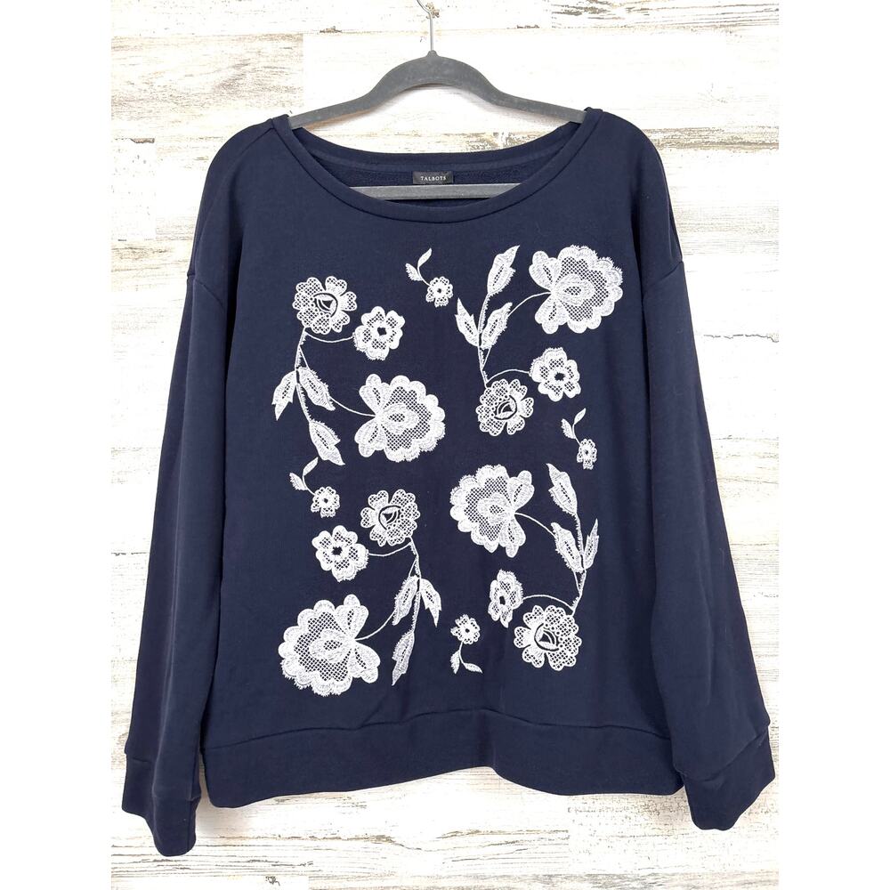 Talbots Womens L Blue White Floral Lace Pullover Sweatshirt Casual Chic
